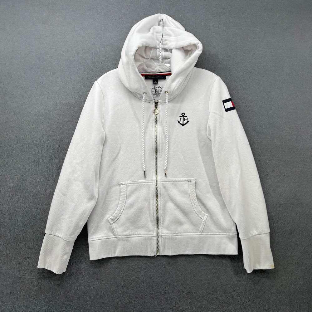Tommy Hilfiger Hoodie Sweatshirt Womens Medium White Anchor Logo Full Zip